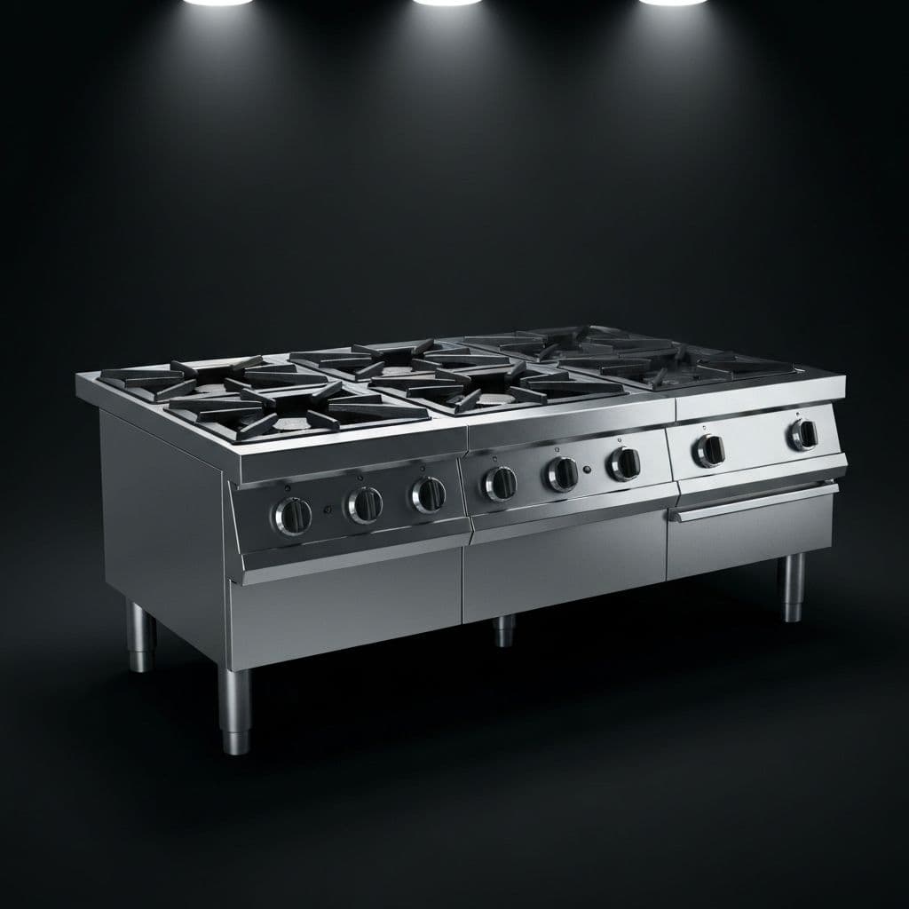 Cocina Industrial 4 Quemadores - Cocina industrial de 4 quemadores en acero inoxidable con válvulas de alta presión.