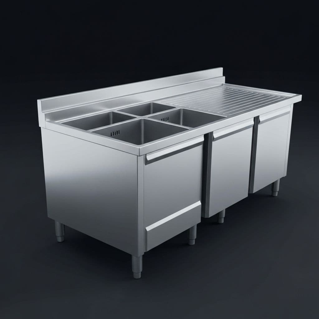 Fregadero Industrial 2 Tinas - Fregadero de 2 tinas profundas con escurridero y patas ajustables.